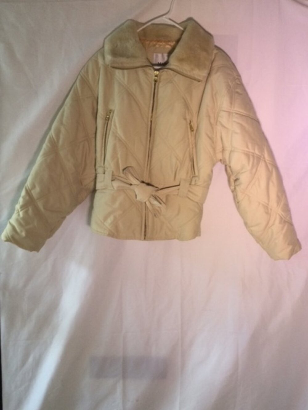 MARC New York Quilted Puffer Jacket Faux Fur Collar Belted Cream Large